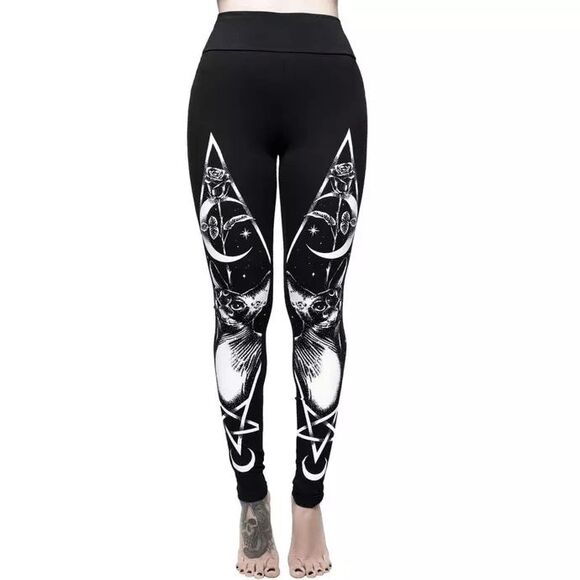 KILLSTAR Umbra Black White Printed Cat Night Sky Stretchy Goth Leggings XXL - Picture 9 of 11